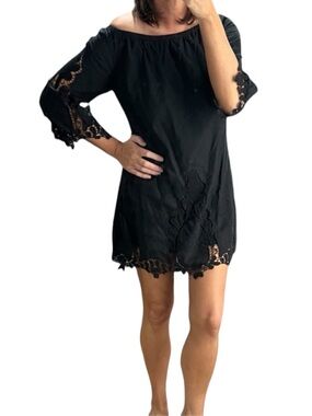 Cliché Black Boho Crochet & Embroidered Mini Dress